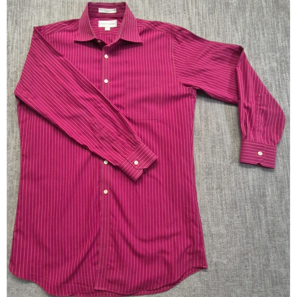Paul Fredrick Mens 15.5-31 Red Stripe Dress Shirt Non Iron 2-Ply Cotton Trim Fit